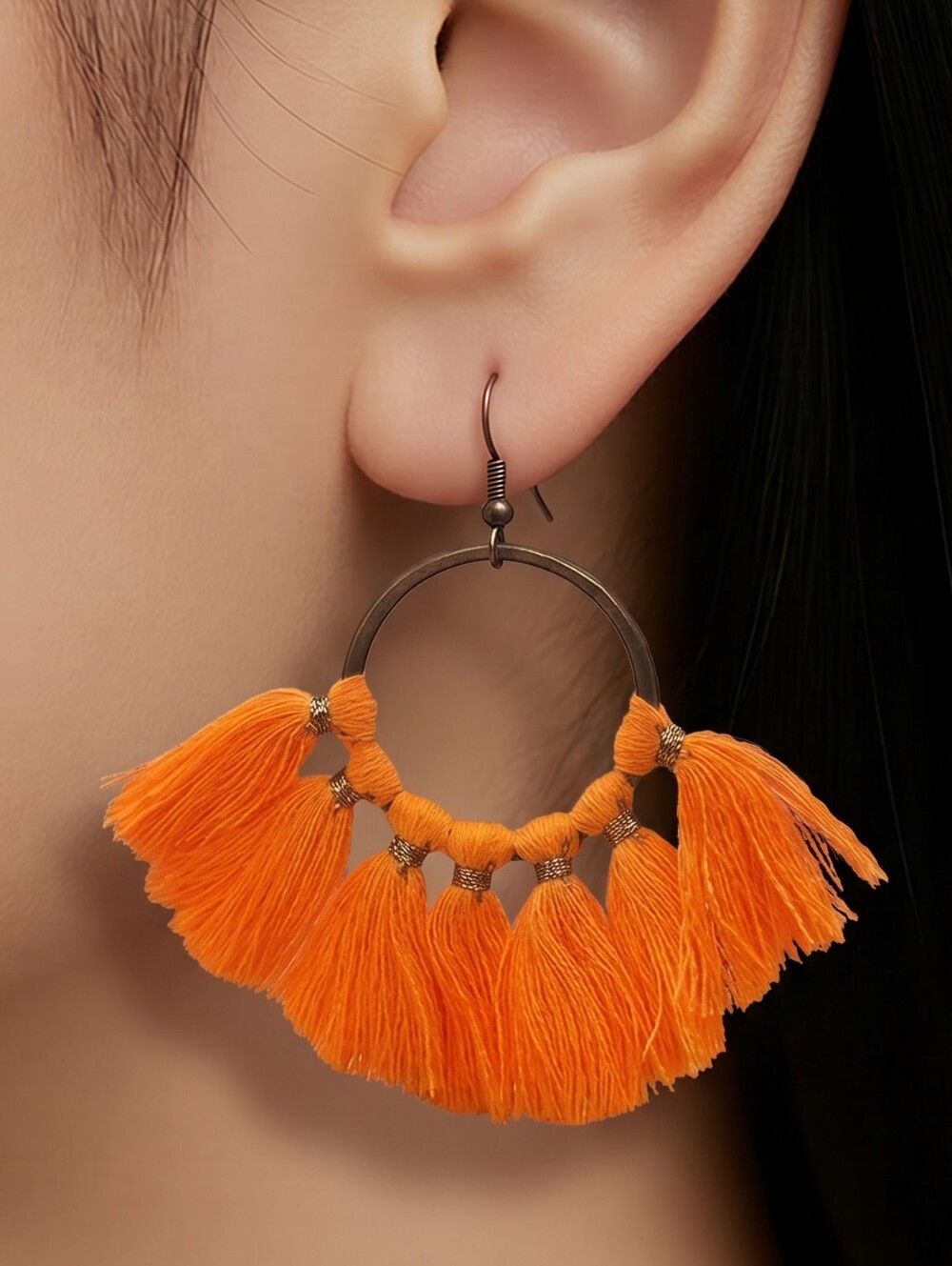 Neon Orange Fringe Hoop Earrings Festival Statement Dangle Jewelry Vacation Glam